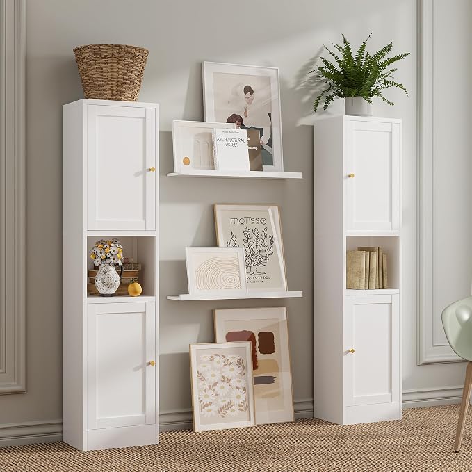 Bevivog Tall Slim Pantry Cabinet for Small Space, 67" Metal Narrow Storage Cabinets with Hutch and 3 Adjustable Shelves, Freestanding Tall Slim Bathroom Storage Cabinet, 15.7" Skinny Pantry Cabinets