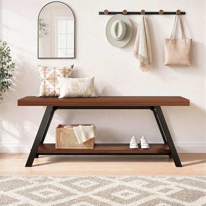 LVB Industrial Entryway Bench with Storage, Wood and Metal Bedroom Bench