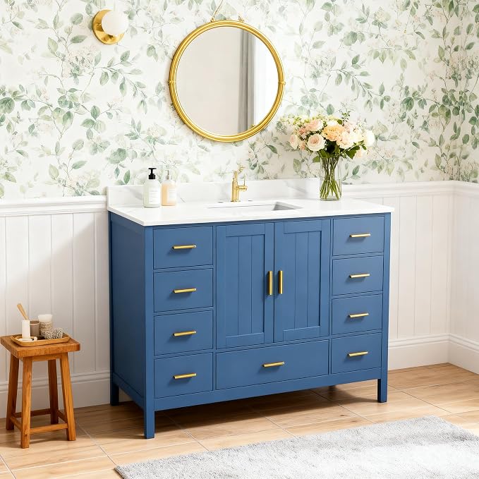 Montary 48" Bathroom Vanity with Sink & 49" Carrara Quartz Top | with 3 Pre-Drilled Faucet Holes, Solid Wood Cabinet, Soft-Close Double Doors & 9 Smooth-Glide Drawers,Blue