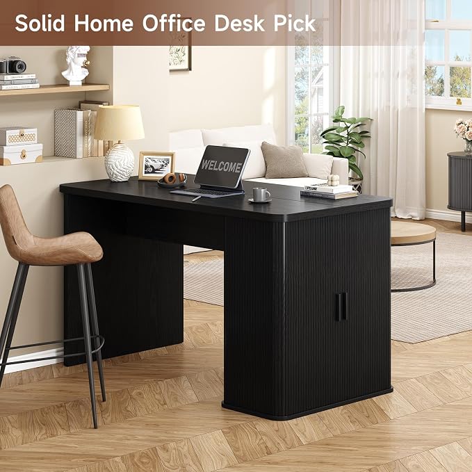 ONBRILL 61 Inch Fluted Kitchen Island with Storage Black