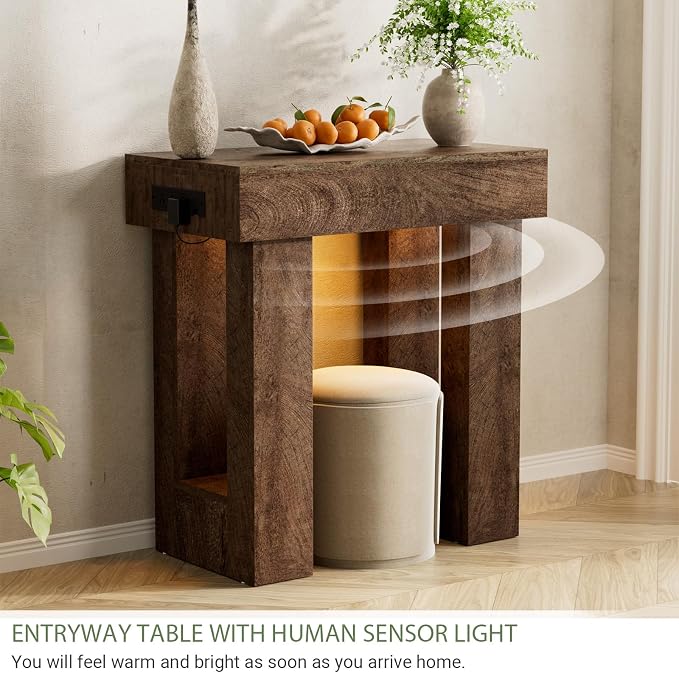 Unikito 32" Entry Table with Sensor Light and Power Outlets, Rustic Oak