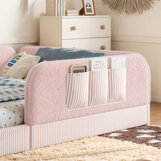 Bellemave Queen Upholstered Montessori Floor Bed with Storage Pocket,Pink