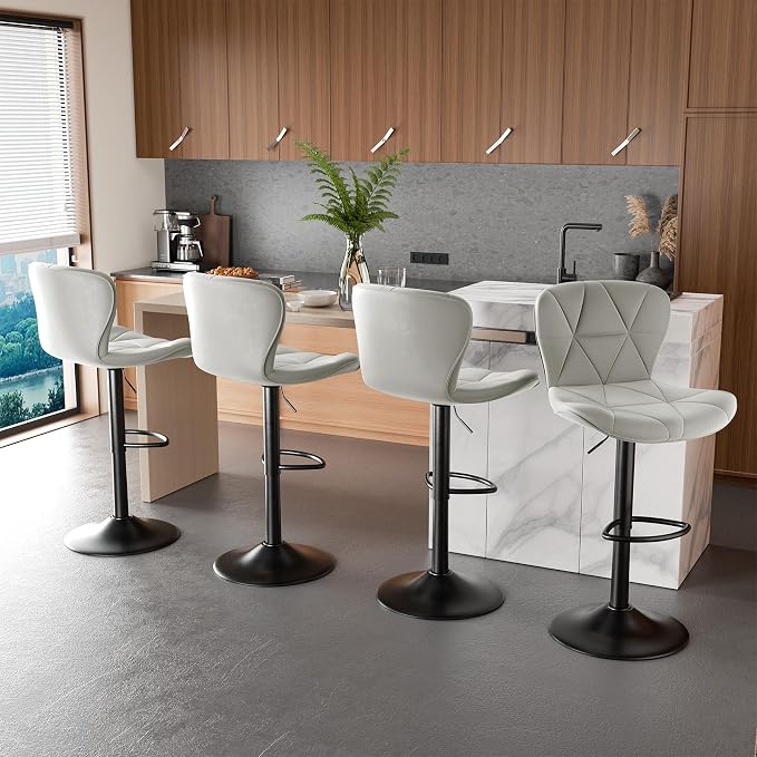Nalupatio Modern Bar Stools Set of 2, Adjustable Faux Leather Upholstered Swivel Bar Stools, Counter Height Bar Chairs with Back for Kitchen Island, Light Grey