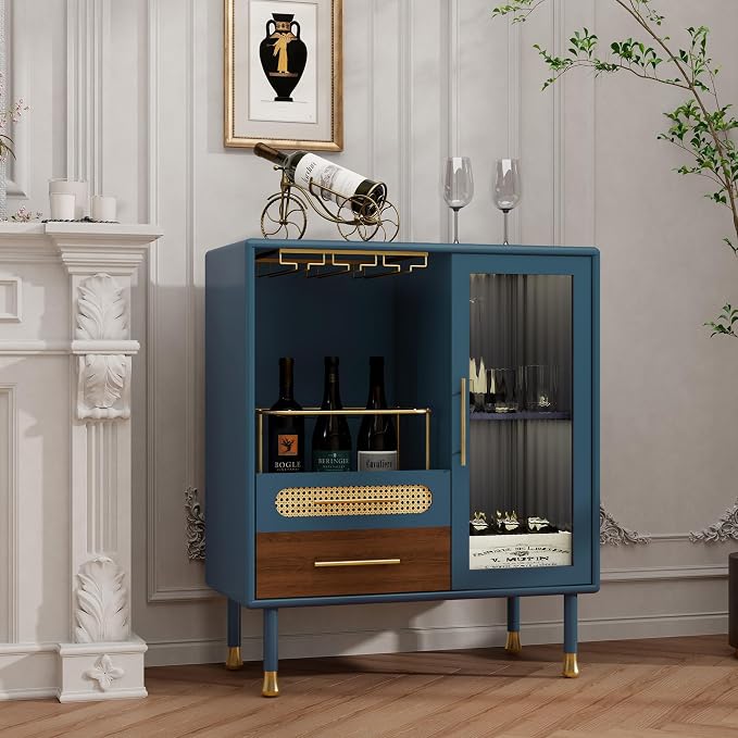 ARTPOWER Modern Coffee Bar Cabinet with Pull-Out Wine Storage, Blue