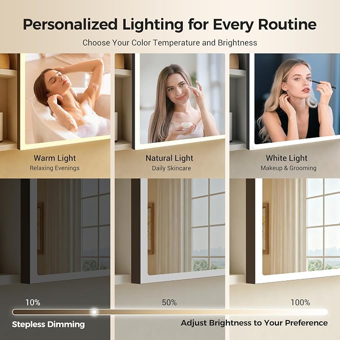 35.4 x 27.5 Inch LED Bathroom Mirror Cabinet with Open Shelves on Both Sides, 3 Color Dimmable Lighted Medicine Cabinet, Plug-in or Hardwired Anti-Fog Aluminum Medicine Cabinet with Hidden Storage