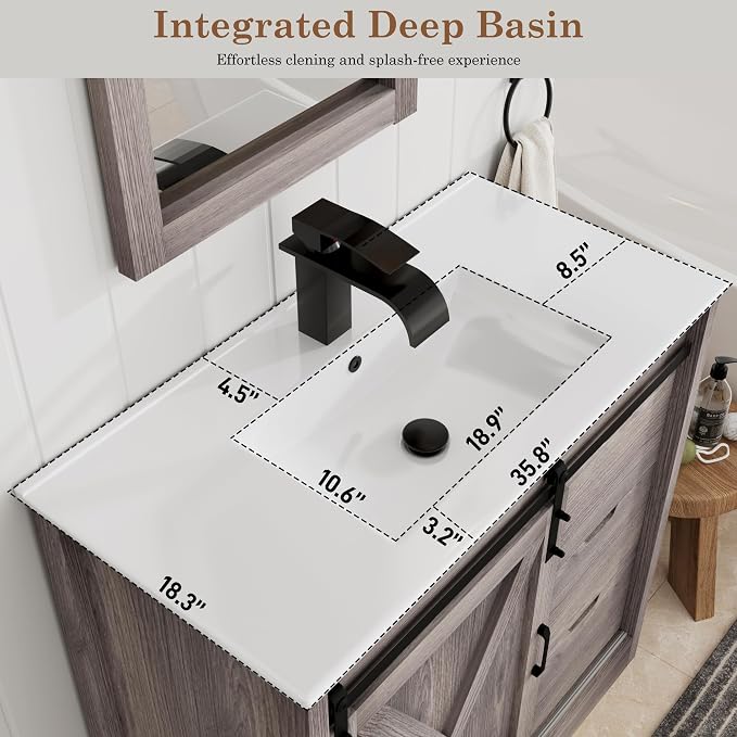 chartustriable 36 Inch Bathroom Vanity with Sink & Faucet & Mirror, Farmhouse Bathroom Vanity Cabinet Set with Sliding Barn Door & Drawers, Small Single Bath Storage Vanity Sink, Grey
