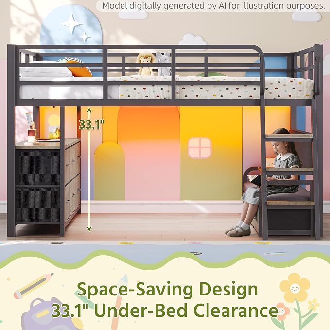 Dnxao Low Loft Bed Full Size with Desk and 9 Storage Drawers, Oak Gray