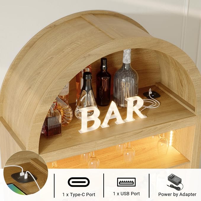 Arched Wine Bar Cabinet with LED Lights, 71" Tall Liquor Cabinets with 4 Glasses Holders & Wine Rack, Alcohol Display Storage Cabinet for Living Room, Kitchen Pantry, Dining Room (Natural Oak)