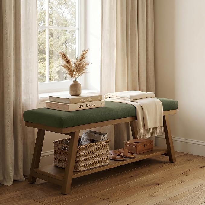 Zihanhome 45" Entryway Bench Upholstered Storage Bench for Bedroom(Green)