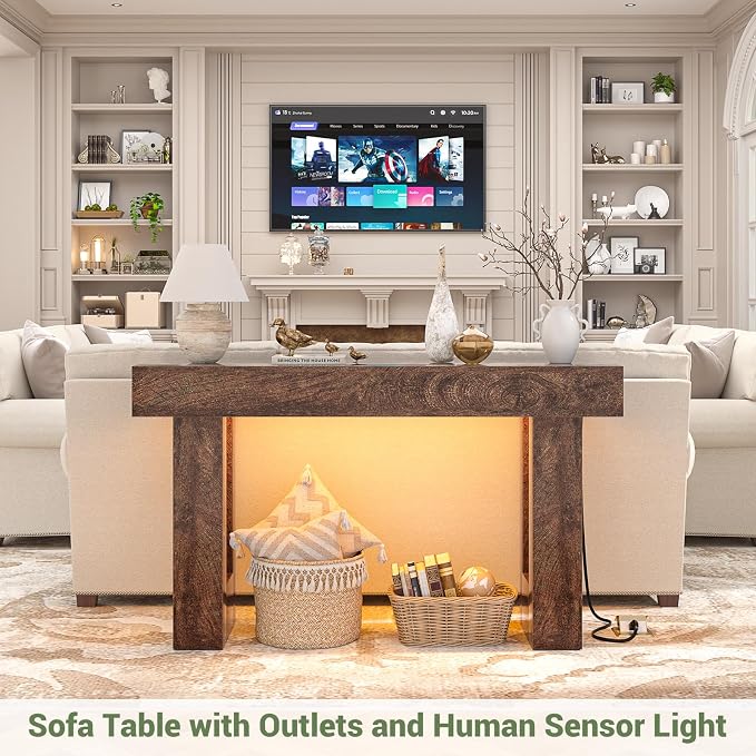 Unikito 47" Entryway Table with Socket & Sensor Light, Rustic Oak