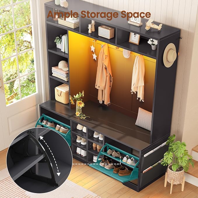 Itaar Hall Tree with Bench and Shoe Storage, 59.1" Farmhouse Entryway Bench with Coat Rack, Shoe Cabinet with Flip Drawers, 12 Shelves, 9 Coat Hooks, Storage Bag, Led Lights, Black