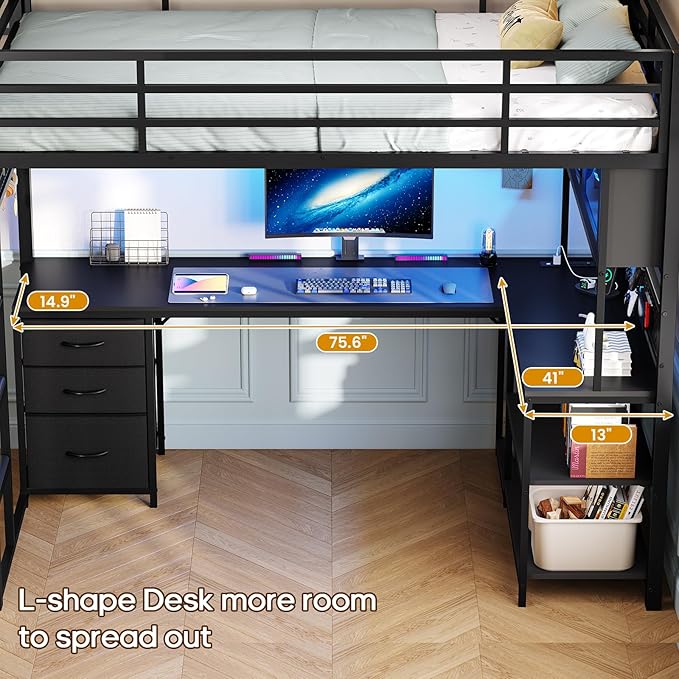 ADORNEVE Twin Size Loft Bed with Gaming Desk, RGB Hutch, Black