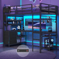 DICTAC Twin Loft Bed with L-Shaped Gaming Desk,Led Lights and Charging Station,Gaming Loft Bed Twin Size with Bookshelf and Glass Cabinet,Metal Loft Beds for Teen with Safety Guardrail and Stair,Black