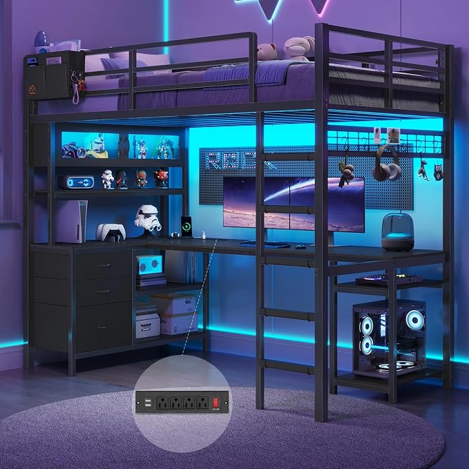 DICTAC Twin Loft Bed with L-Shaped Gaming Desk,Led Lights and Charging Station,Gaming Loft Bed Twin Size with Bookshelf and Glass Cabinet,Metal Loft Beds for Teen with Safety Guardrail and Stair,Black