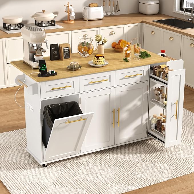 St.Mandyu 69" Large Kitchen Island on Wheels, Kitchen Rolling Island Cart with Trash Storage Cabinet, Power Outlet, 3-Tier Pull-Out Storage Trays, Drop Leaf, Mobile Island Table for Kitchen, White