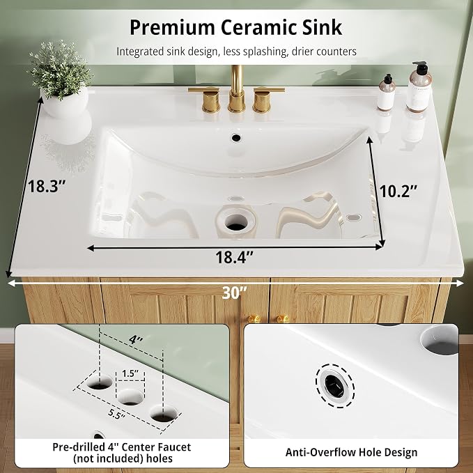IRONCK Bathroom Vanity with Ceramic Sink, 30" Bathroom Cabinet, Natural | Features a Ceramic Sink, 3 Doors, 1 Drawer and Flexible Side Storage for Organized Bathroom Storage