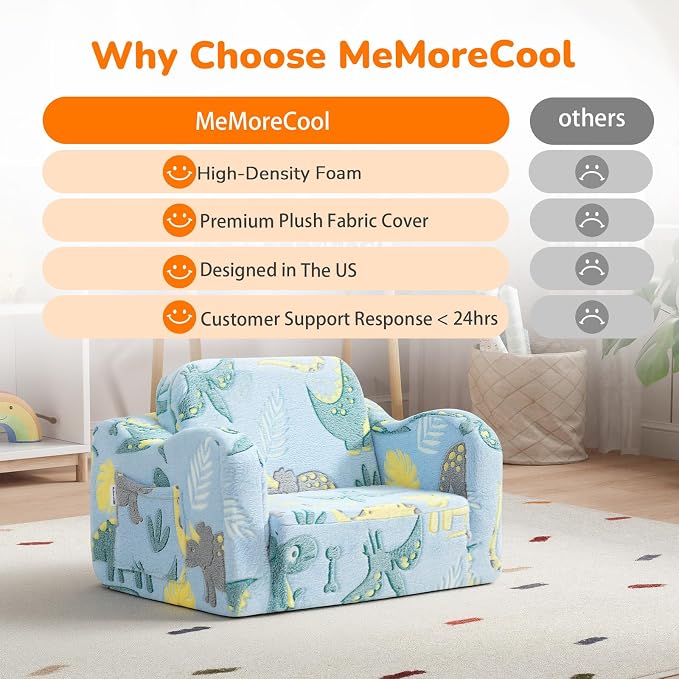 MeMoreCool Glow in the Dark Dinosaur Toddler & Kids Couch, Fold Out Sofa