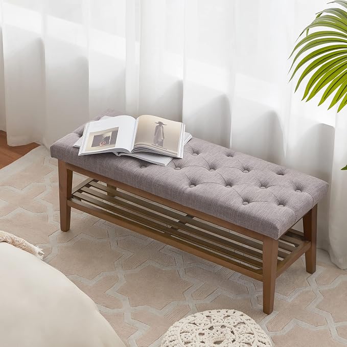 HUIMO Upholstered Entryway Shoe Bench, Button Tufted End of Bed Bench, Grey
