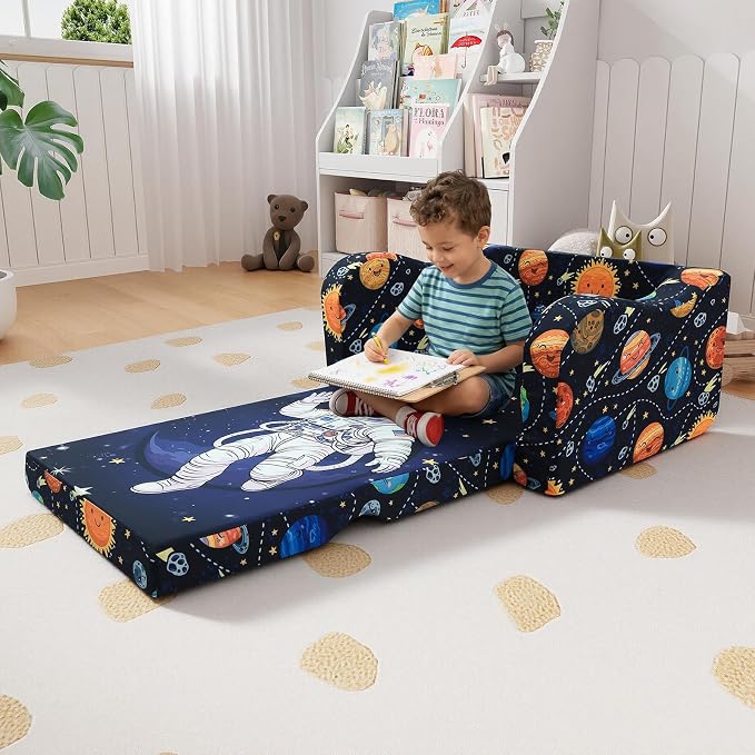 MeMoreCool Kids Couch, 2-in-1 Fold Out Sofa Armchair, Astronaut Print, Foam