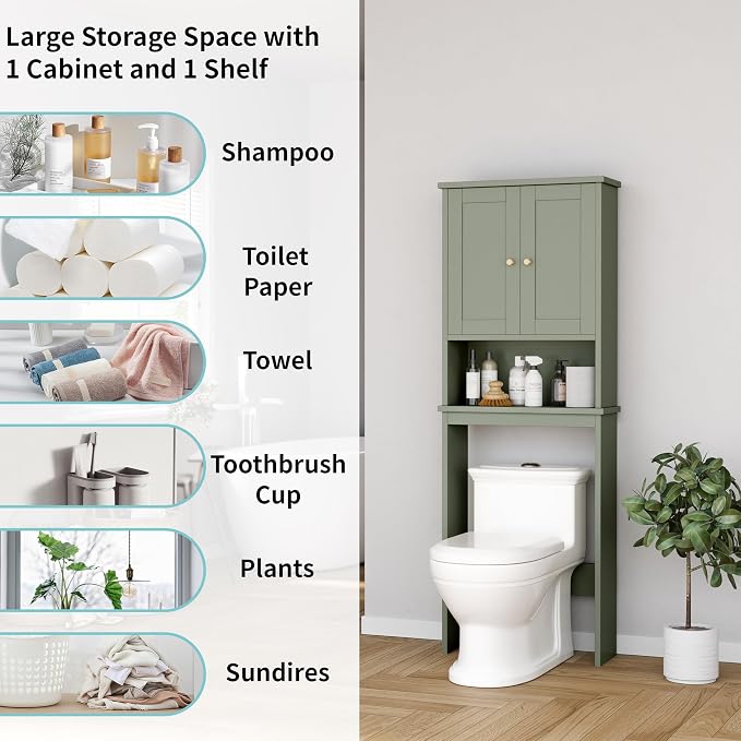 Shintenchi Over the Toilet Storage Cabinet, Bathroom Shelf Organizer with Anti-Tip Device Small Freestanding Space Saver with Adjustable Shelf，Green