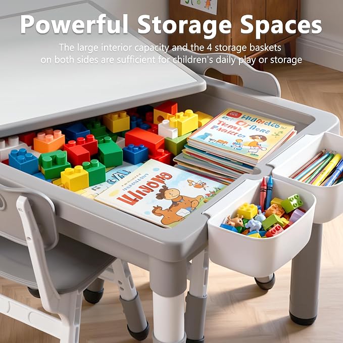 Kinder King Kids Table & 4 Chairs Set, Adjustable Heights, Storage, Grey