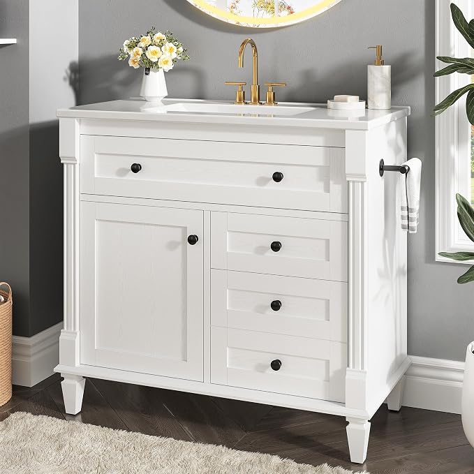 LIKIMIO 36 Inch Bathroom Vanity with Sink, Adjustable Solid Wood Legs | Modern Bathroom Storage Cabinet with Towel Holder, Tip-Out Drawer, 2 Drawers & Adjustable Shelf, Nature