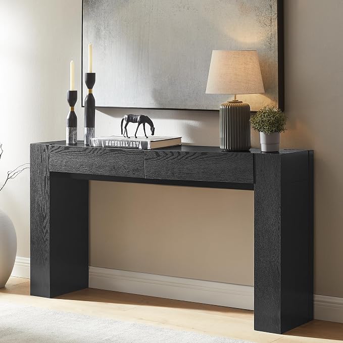 OKD 63" Console Table with Drawers, Thick Block Entryway Table, Black