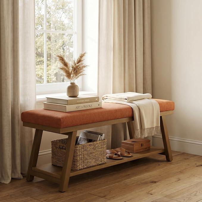 Zihanhome 45" Entryway Bench Upholstered Storage Bench for Bedroom(Orange)