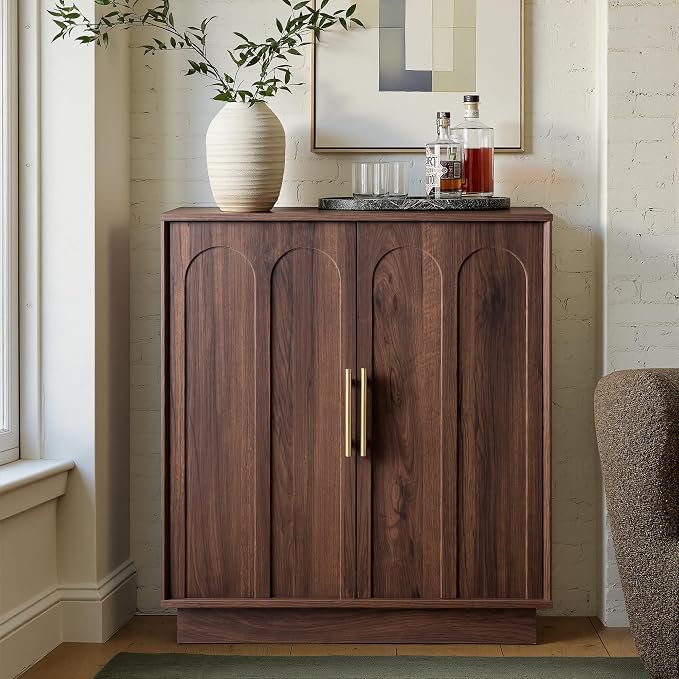 FORTUNETEC 31.5" Wine Bar Cabinet, Mid Century Modern Sideboard, Walnut