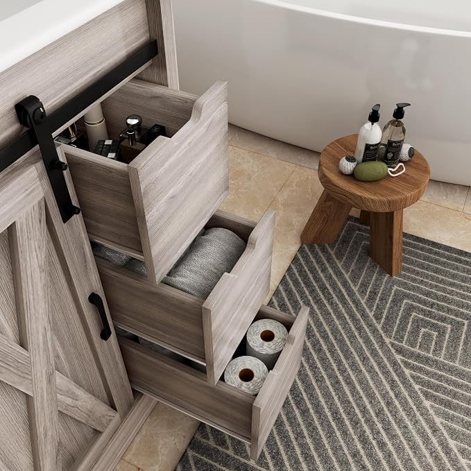 chartustriable 24 Inch Bathroom Vanity with Sink & Faucet & Mirror, Farmhouse Bathroom Vanity Cabinet Set with Sliding Barn Door & Drawers, Small Single Bath Storage Vanity Sink, Grey