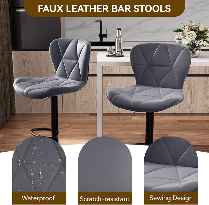 Nalupatio Modern Bar Stools Set of 3, Adjustable Faux Leather Upholstered Swivel Bar Stools, Counter Height Bar Chairs with Back for Kitchen Island, Dark Grey