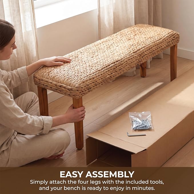 Solid Wood Acacia Indoor Bench, 47 Inch Water Hyacinth Seat, Fishbone Style