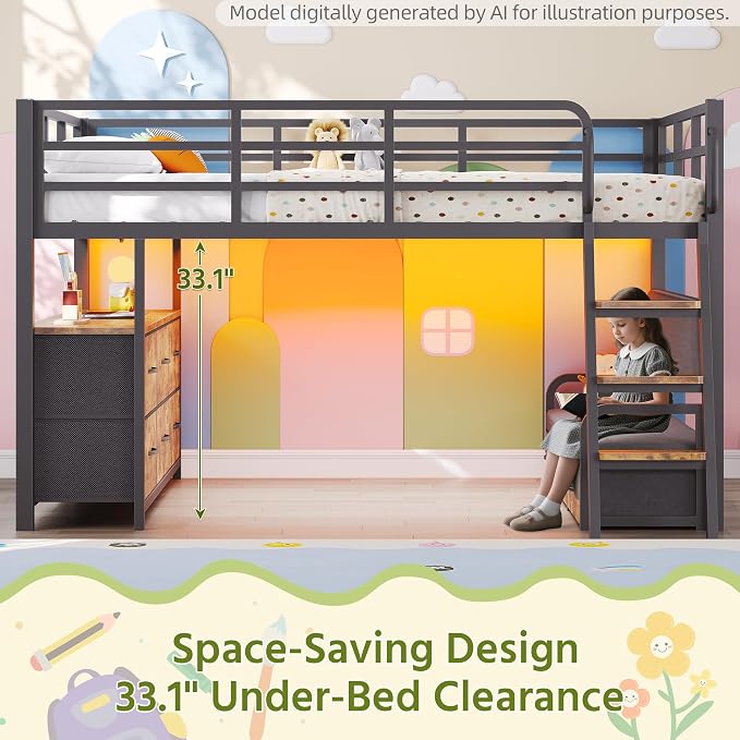 Dnxao Full Size Low Loft Bed with Desk and 9 Storage Drawers, Rustic Brown