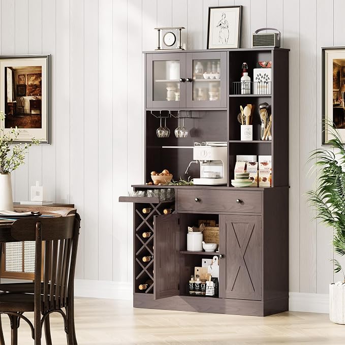 Garvee Coffee Bar Cabinet with Power Outlet & Exquisite Barn Doors, Sideboard Buffet Cabinet with Wine Bottle Rack, Storage Cabinet for Kitchen, Dining Room