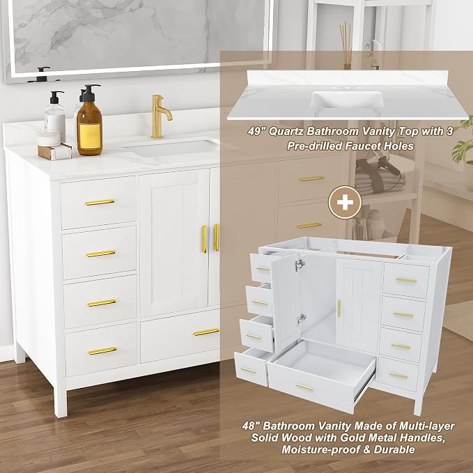 Montary 48" Bathroom Vanity with Sink & 49" Carrara Quartz Top | with 3 Pre-Drilled Faucet Holes, Solid Wood Cabinet, Soft-Close Double Doors & 9 Smooth-Glide Drawers,White
