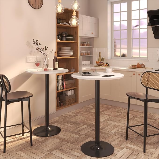 Furmax Bistro Pub Table Round Bar Height Cocktail Table for Home Bar, Round Bar Tables for Party, Dining Room, Living Room and Wedding, Metal Base MDF Top, 40.6 Inch Height (2, White-1)