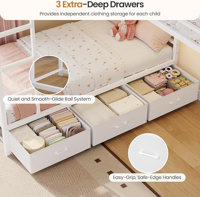 Triple Bunk Bed Twin Over Twin with 9 Storage Drawers and LED Lights, White