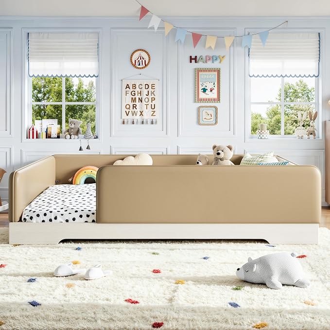 Bellemave Queen Upholstered Montessori Floor Bed Frame with Guardrail,Brown