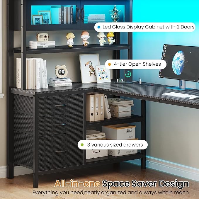 DICTAC Twin Loft Bed with L-Shaped Gaming Desk,Led Lights and Charging Station,Gaming Loft Bed Twin Size with Bookshelf and Glass Cabinet,Metal Loft Beds for Teen with Safety Guardrail and Stair,Black