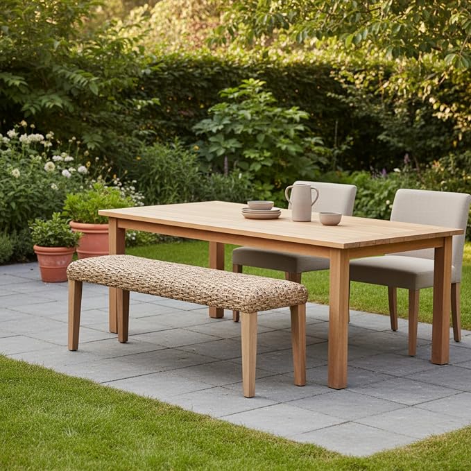 Outdoor Rattan Backless Bench with PE Wicker & Acacia Wood Frame, Natural