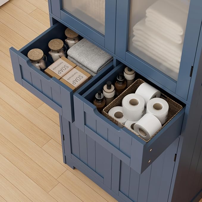 HORSTORS 67" H Bathroom Storage Cabinet, Blue Linen Cabinet with Drawers | Freestanding Bathroom Cabinet with Glass Door & Shelf, Modern Tall Storage Cabinet for Bathroom, Living Dining Room, Kitchen