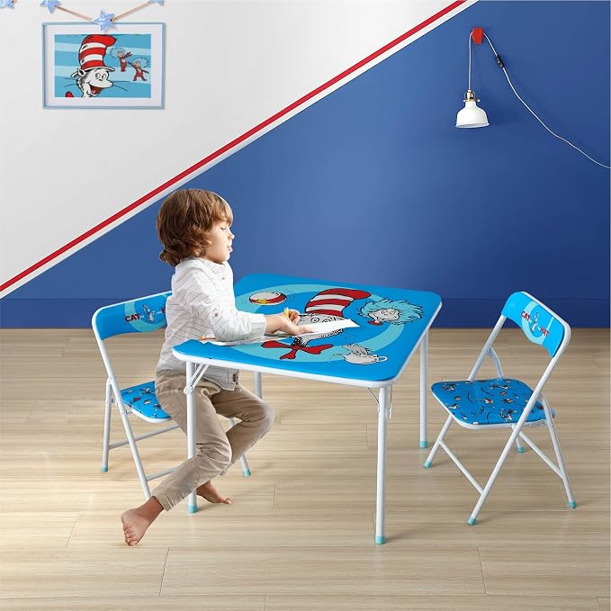 Idea Nuova 3-Piece Furniture Set with 1 Square Table & 2 Folding Chairs for Kids, Cat in The Hat