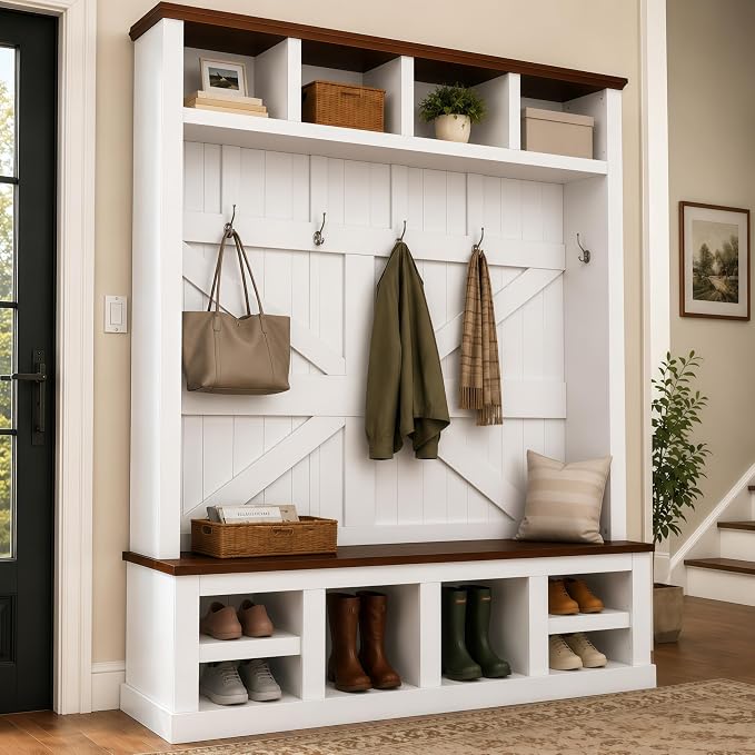 KEIKI 79" Hall Tree with Bench, Farmhouse Entryway Coat Rack, White Walnut