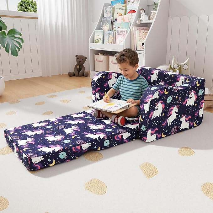 MeMoreCool Kids Couch, Purple Unicorn Fold Out Sofa, Side Pocket, Washable