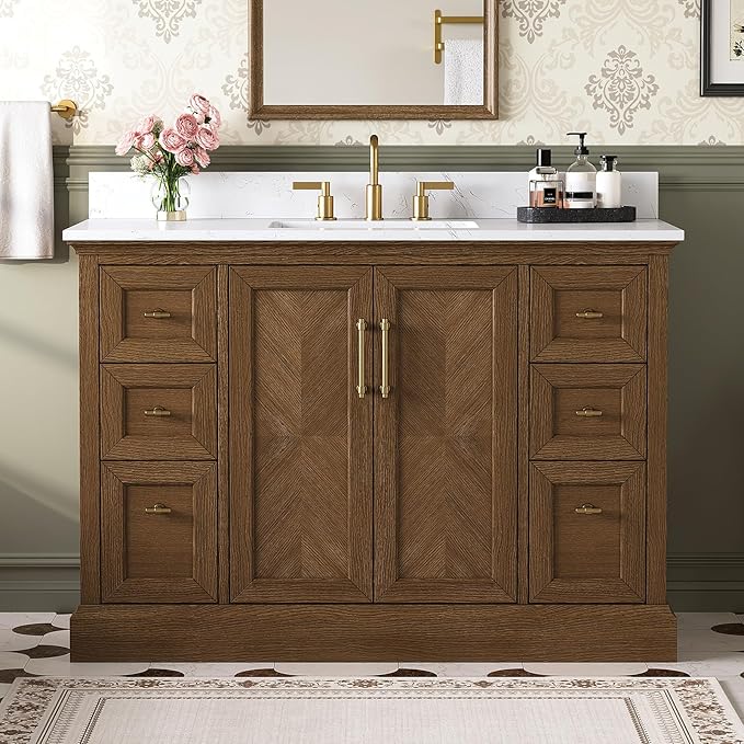48 Inch Bathroom Vanity with Sink, Solid Wood, Walnut | Fully Assembled Freestanding Bathroom Vanity, Soft Close Parquet Doors & Dovetail Drawers, Vanity for Bathroom Renovation