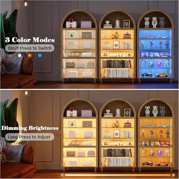 71" Tall Arch Bookcase, Modern Arched Storage Cabinet with Sensor LED Lights, 6-Tier Bookshelf with 2 Adjustable Shelves, Wood Display Cabinet for Living Room, Home Office (Natural Oak)