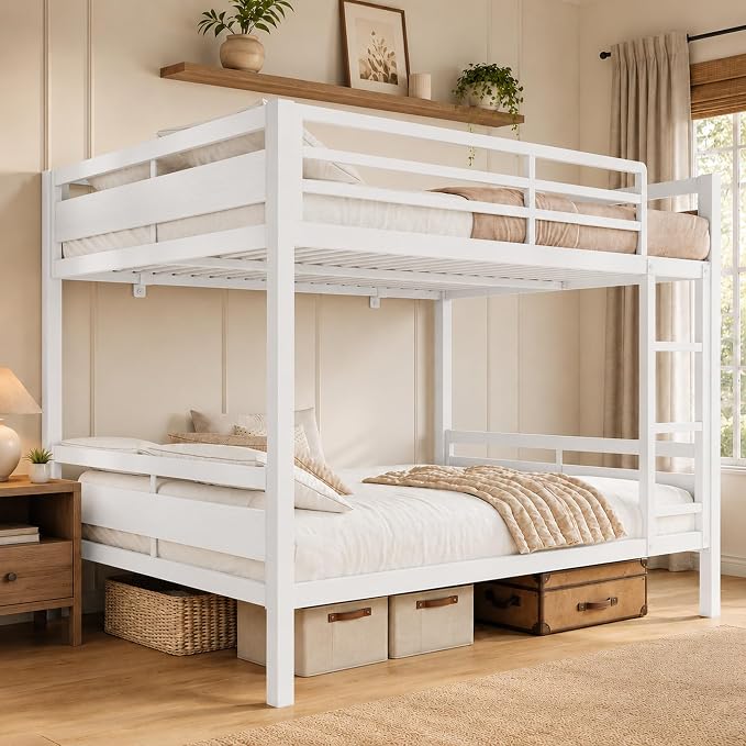 Feonase Metal Bunk Bed Full Over Full with Ladder and High Guardrail, Heavy-Duty Metal Slats Support, Noise Free, No Box Spring Needed, for Kids and Juniors, White
