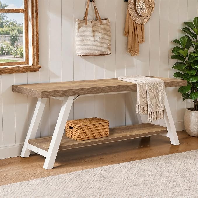 LVB Entryway Bench with Storage, Wood Bench for Entryway, 47 in