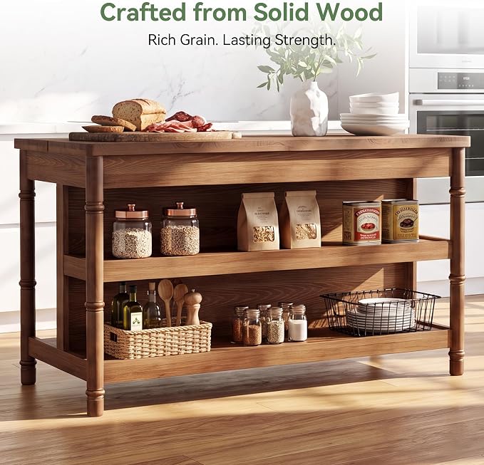 63" Solid Wood Kitchen Island Table with Storage & Seating