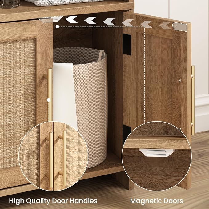 Small Bathroom Storage Cabinet with 2 Doors & Shelf,Rattan Natural | Narrow Storage Organizer, Toilet Paper Floor Cabinets Freestanding, for Small Spaces, Laundry Room, 7.8" D x 14.6" W x 31" H